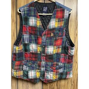 Vintage Gap Vest Mens M Patchwork Plaid Denim Quilted Y2K 90s Grunge Teacher